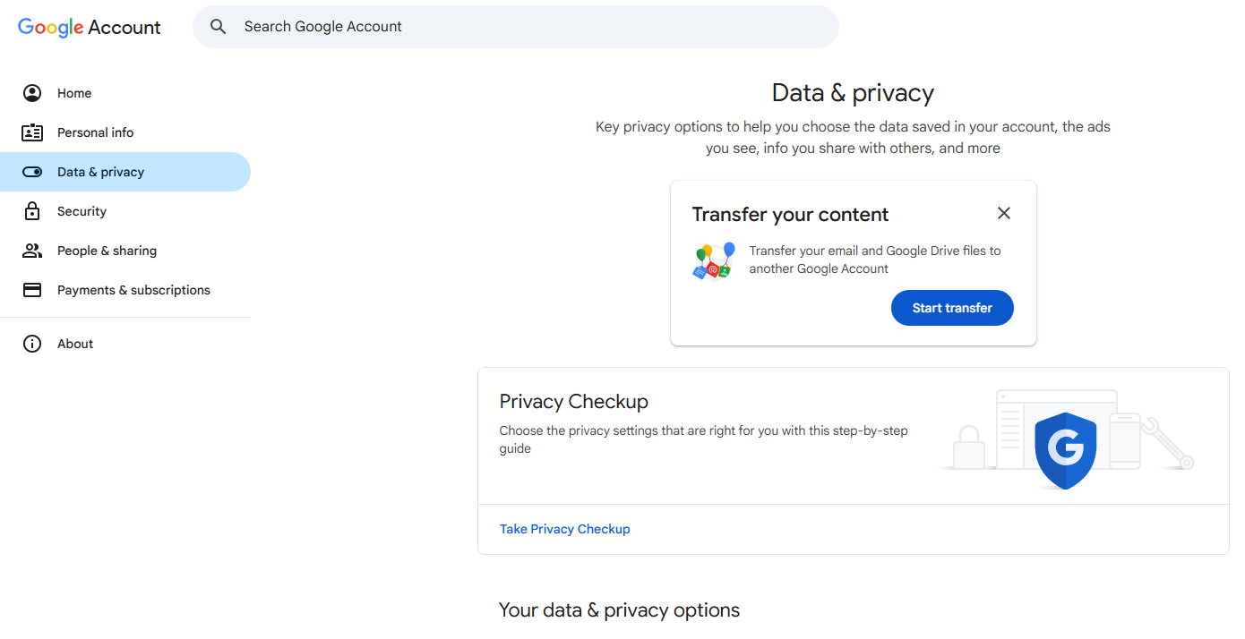 Data & privacy screen shot