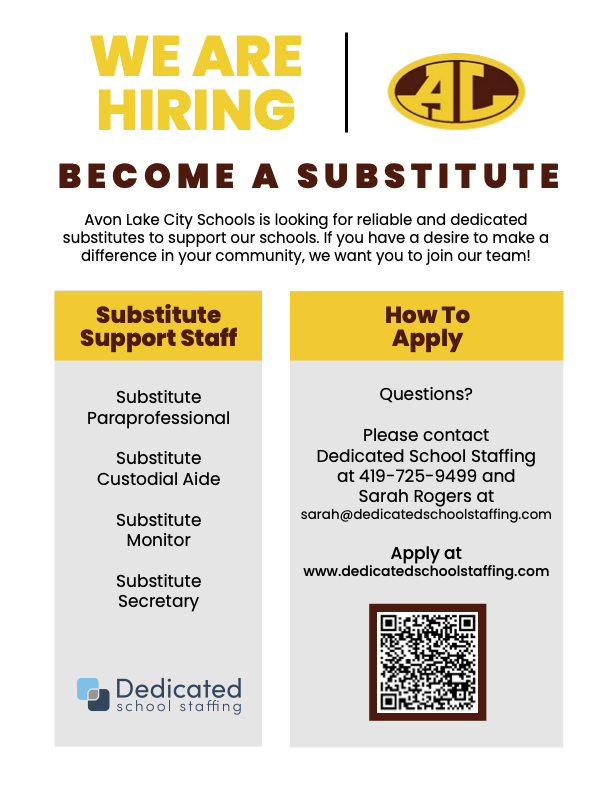 Avon Lake City Schools is looking for reliable and dedicated substitutes to support our schools. Contact Rachel Wixey & Associates at 419-725-9499