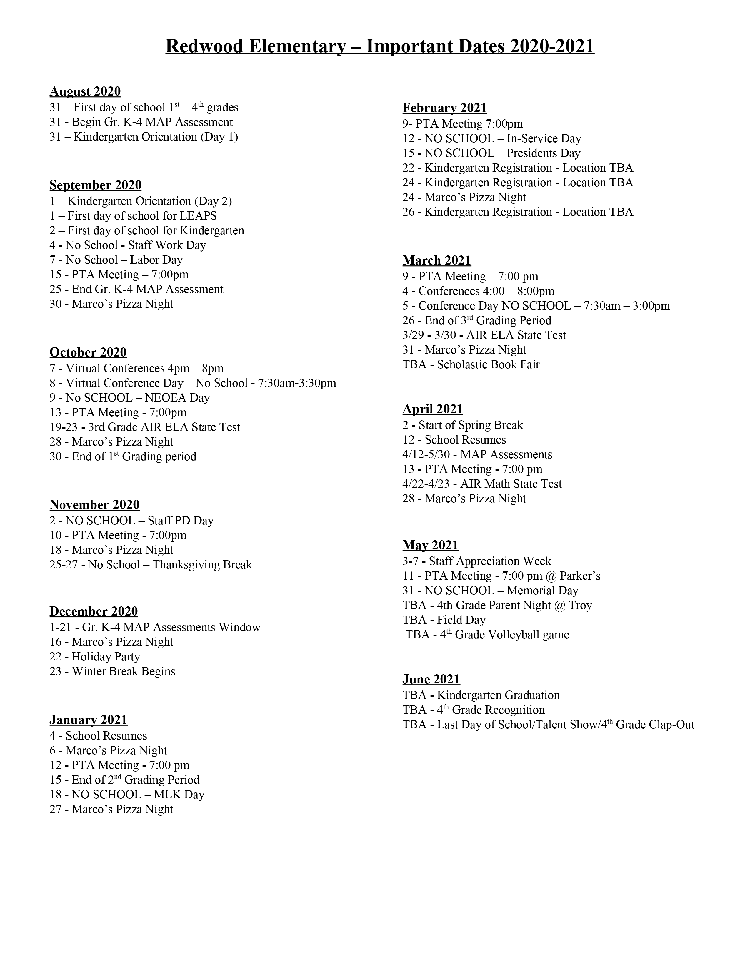 2020-2021 Redwood Important Dates
